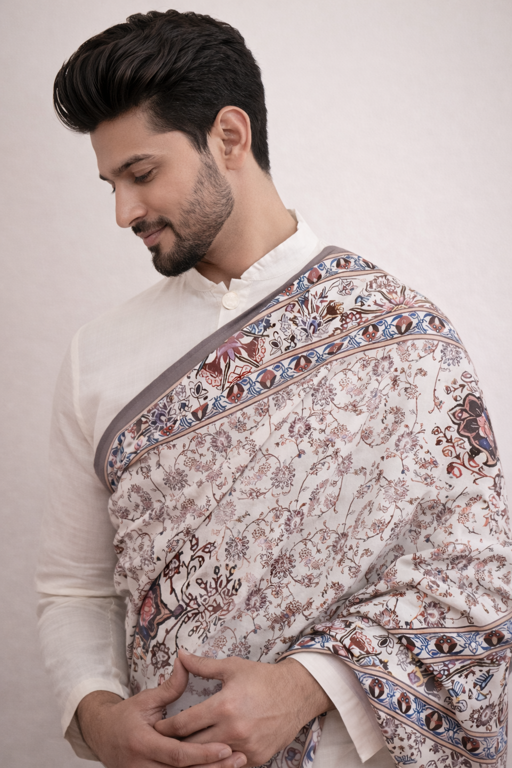 Off White 3-Piece Kurta Set Men Detail – Pashmina Dupatta Ethnoir India