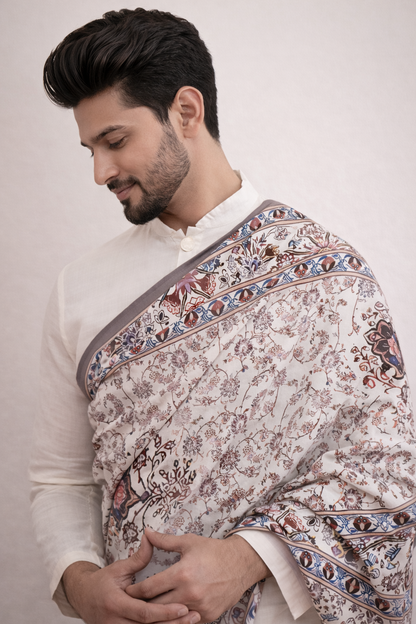 Off White 3-Piece Kurta Set Men Detail – Pashmina Dupatta Ethnoir India