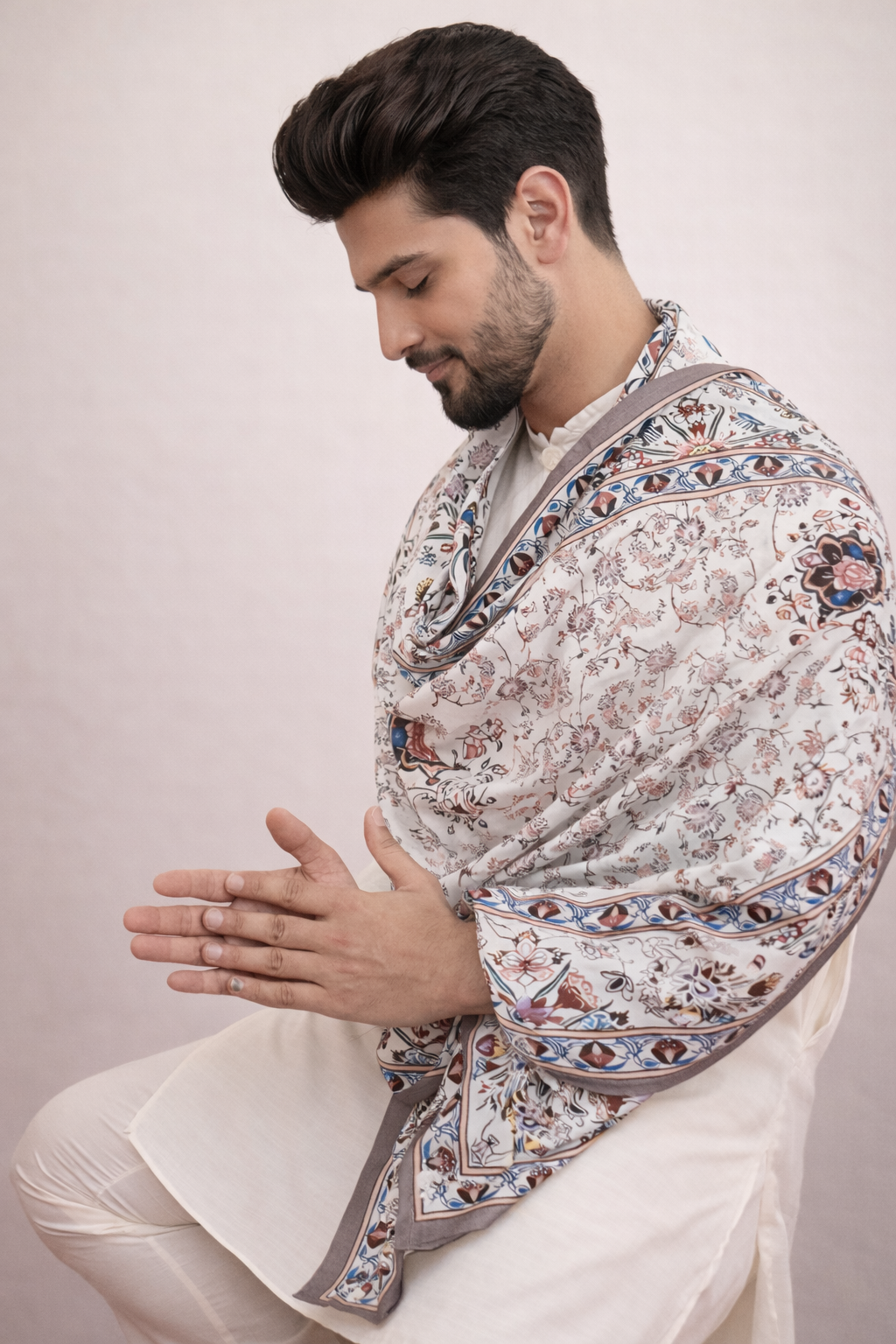 Off White Kurta Set with Dupatta Men Side View – Ethnoir