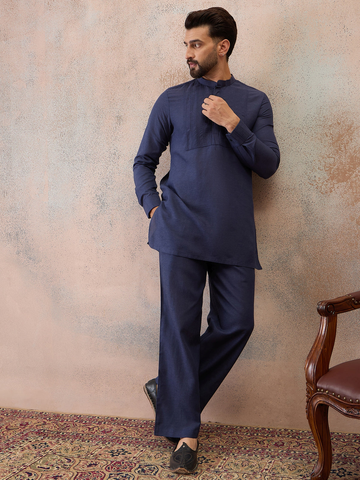 Navy Blue Cotton Linen Kurta Co-Ord Set
