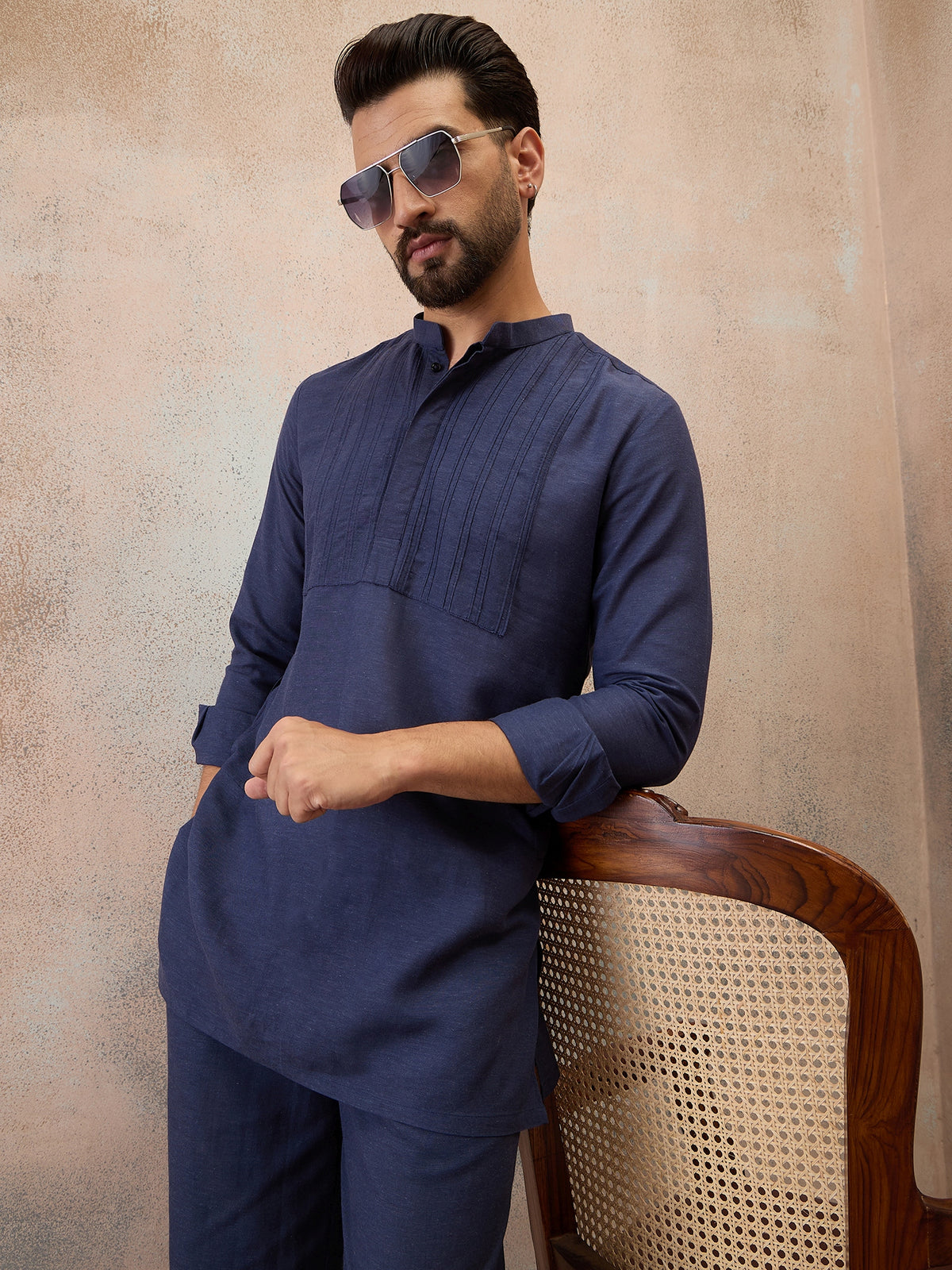 Navy Blue Cotton Linen Kurta Co-Ord Set