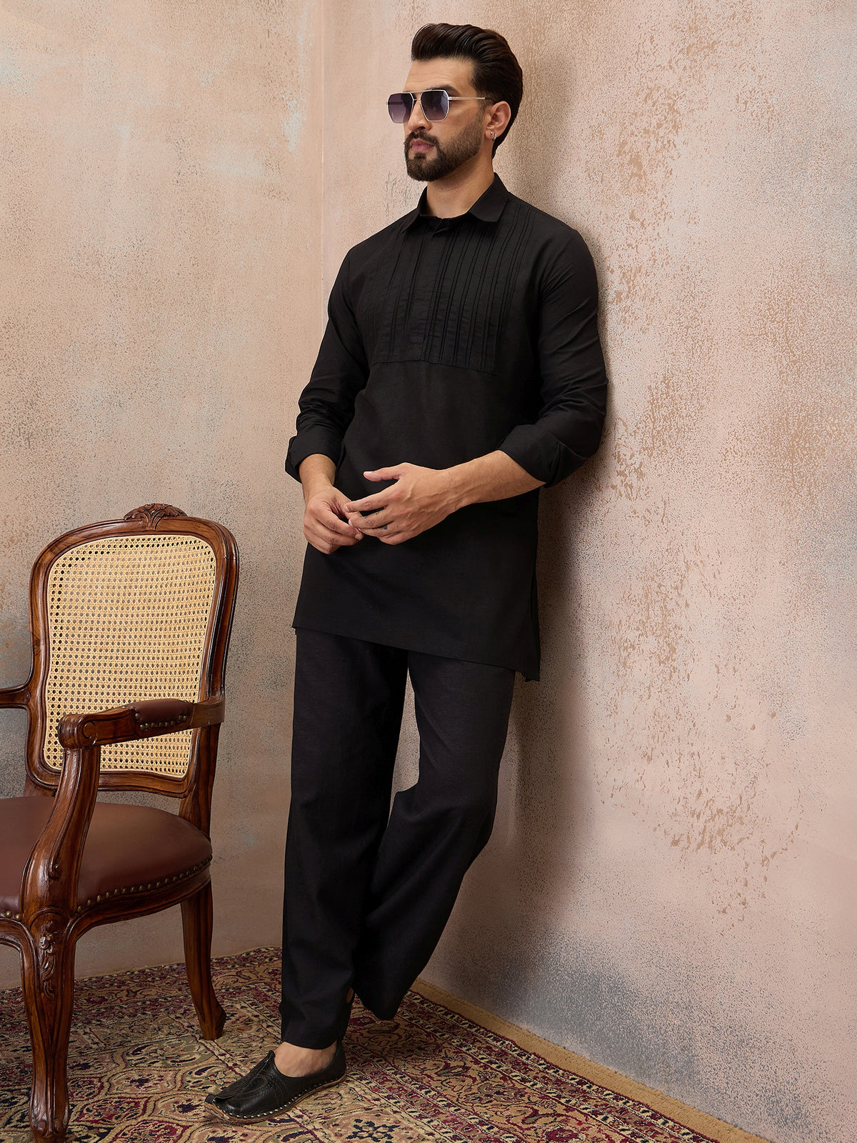 Black Cotton Linen Kurta Co-Ord Set