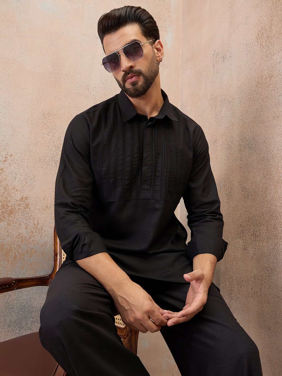 Black Cotton Linen Kurta Co-Ord Set