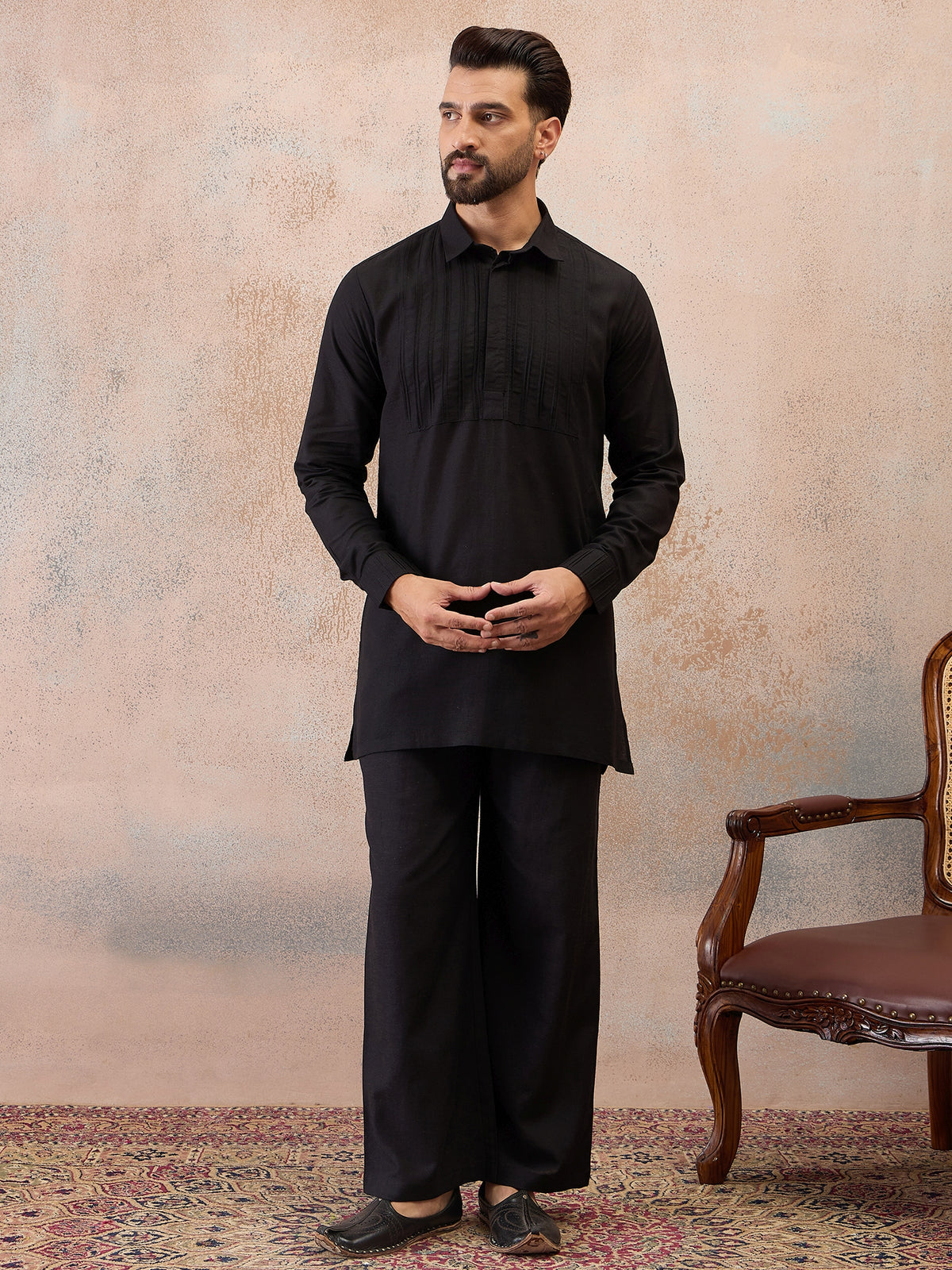 Black Cotton Linen Kurta Co-Ord Set