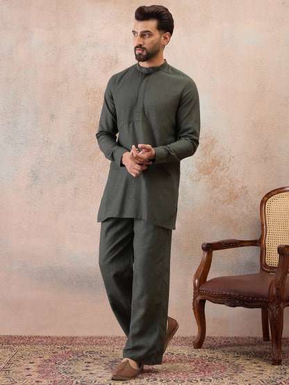 Olive Green Cotton Linen Kurta Co-Ord Set