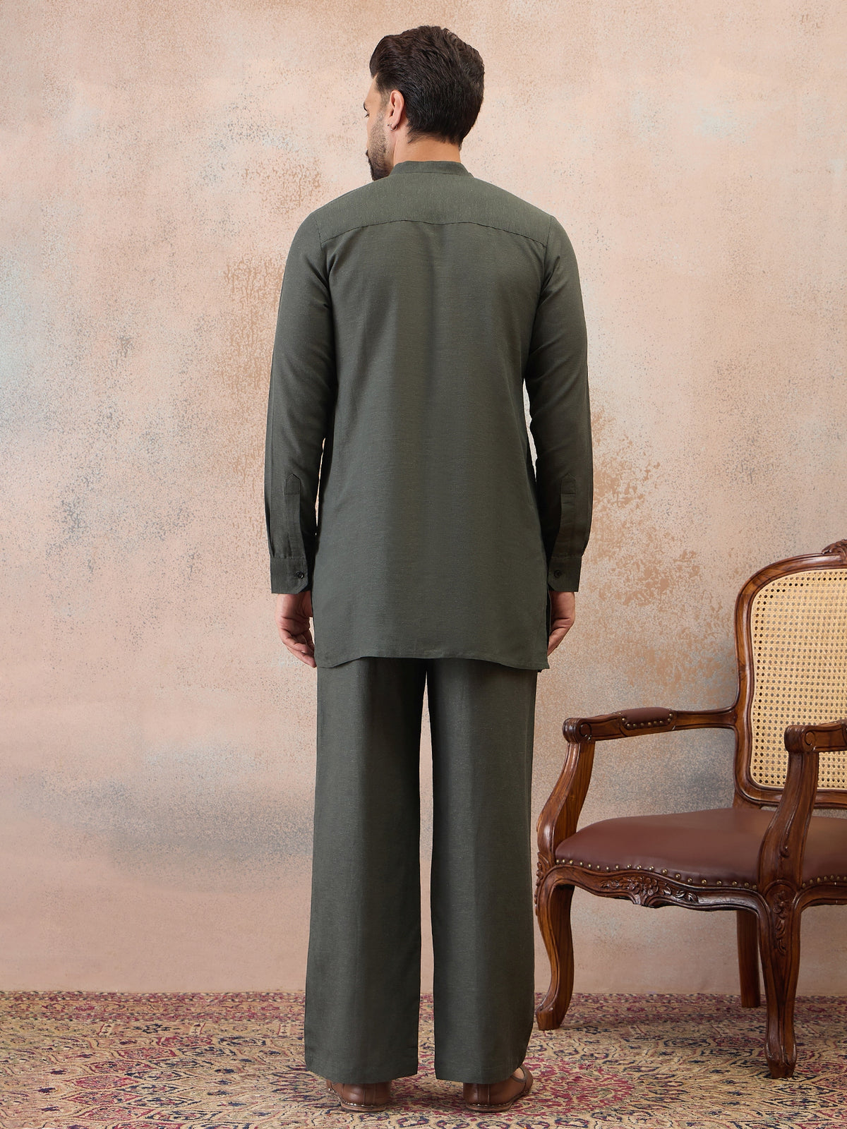 Olive Green Cotton Linen Kurta Co-Ord Set