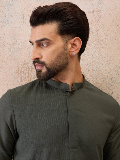 Olive Green Cotton Linen Kurta Co-Ord Set