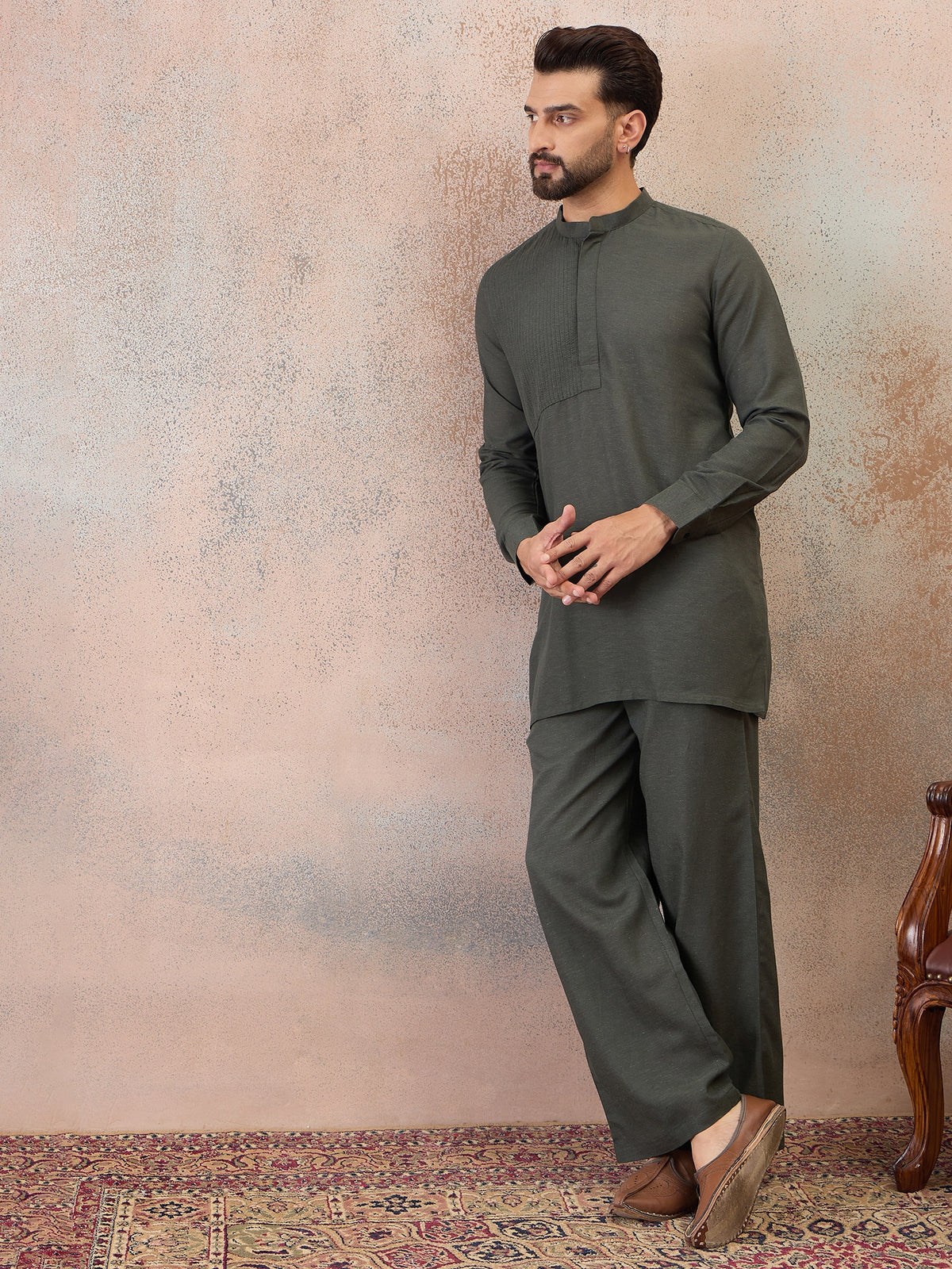 Olive Green Cotton Linen Kurta Co-Ord Set