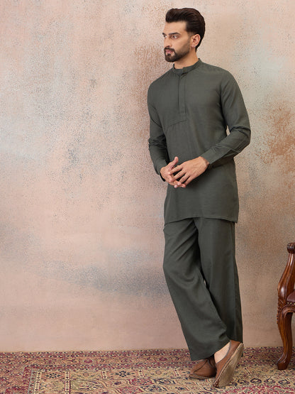 Olive Green Cotton Linen Kurta Co-Ord Set