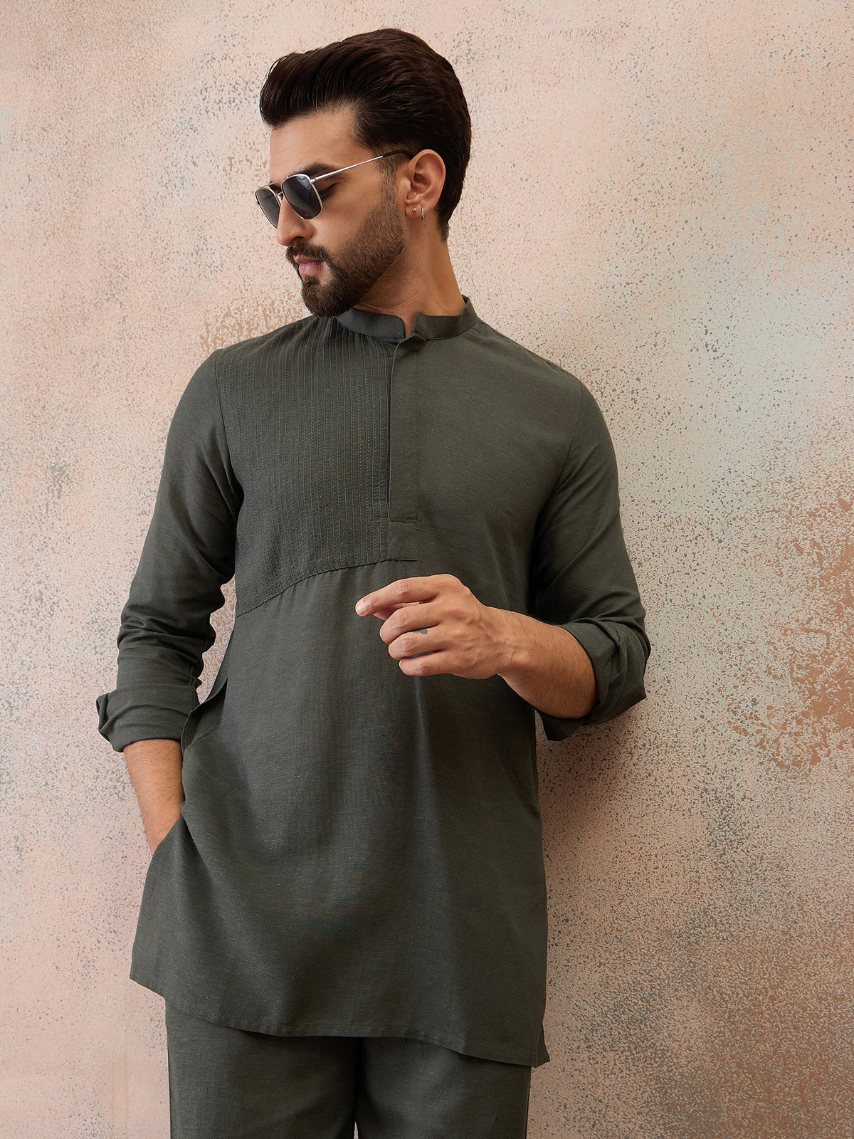 Olive Green Cotton Linen Kurta Co-Ord Set