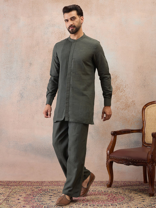 Olive Green Cotton Linen Kurta Co-Ord Set