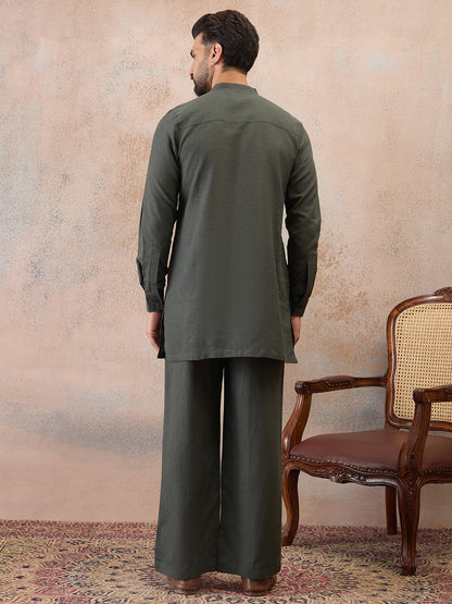 Olive Green Cotton Linen Kurta Co-Ord Set