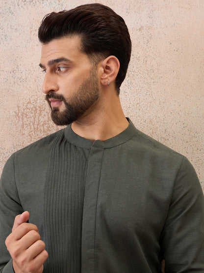 Olive Green Cotton Linen Kurta Co-Ord Set