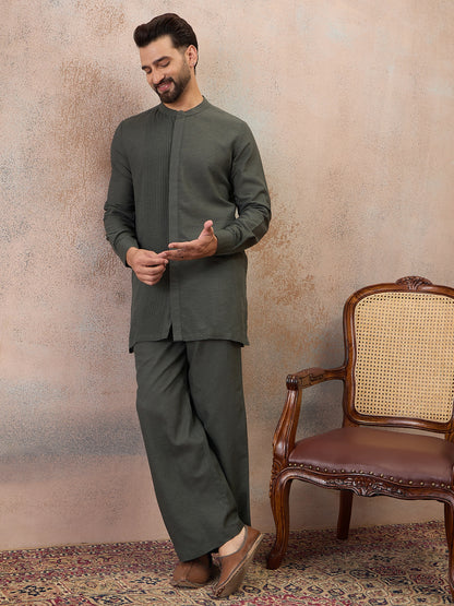 Olive Green Cotton Linen Kurta Co-Ord Set