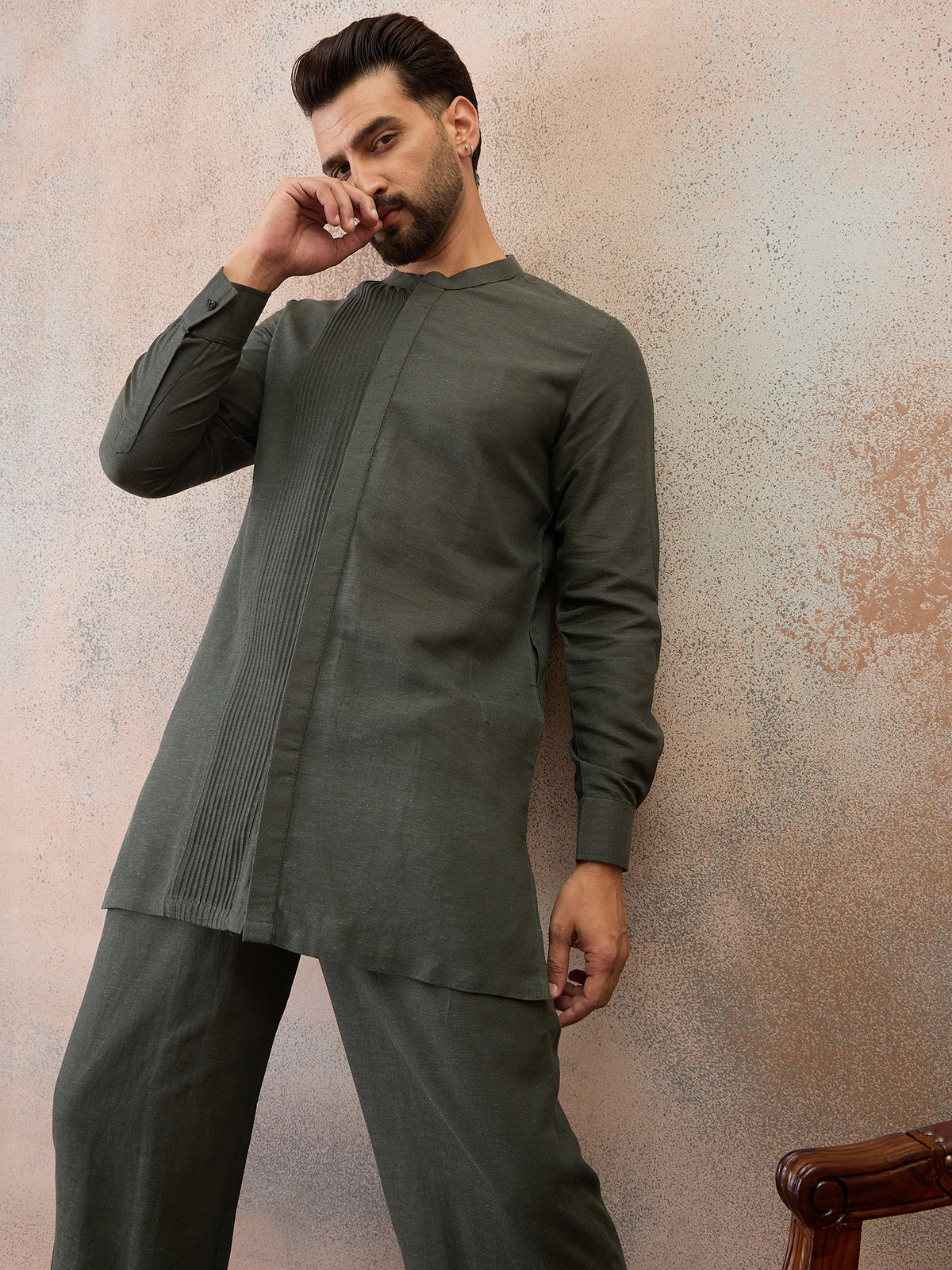 Olive Green Cotton Linen Kurta Co-Ord Set