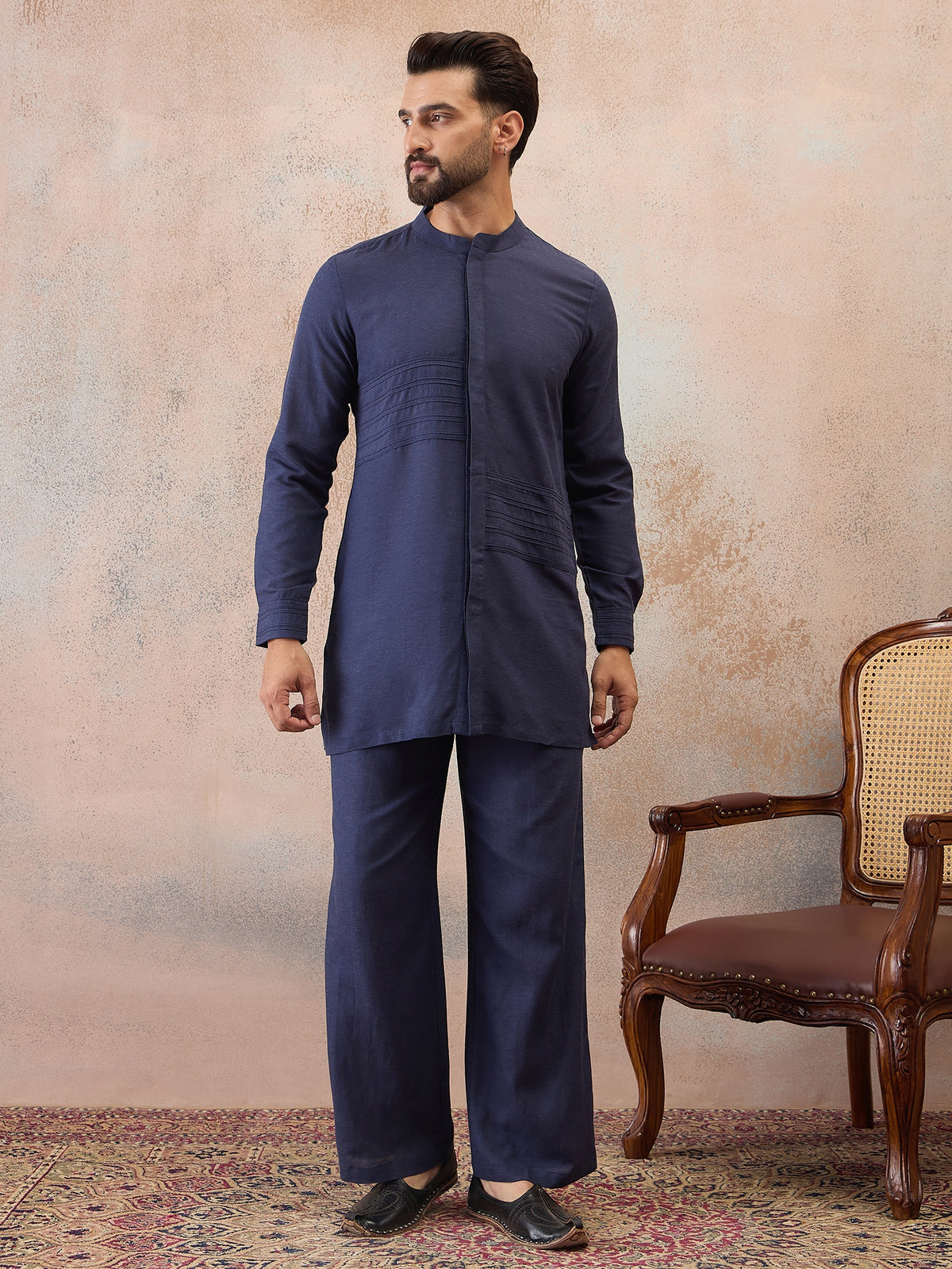 Navy Blue Cotton Linen Kurta Co-Ord Set