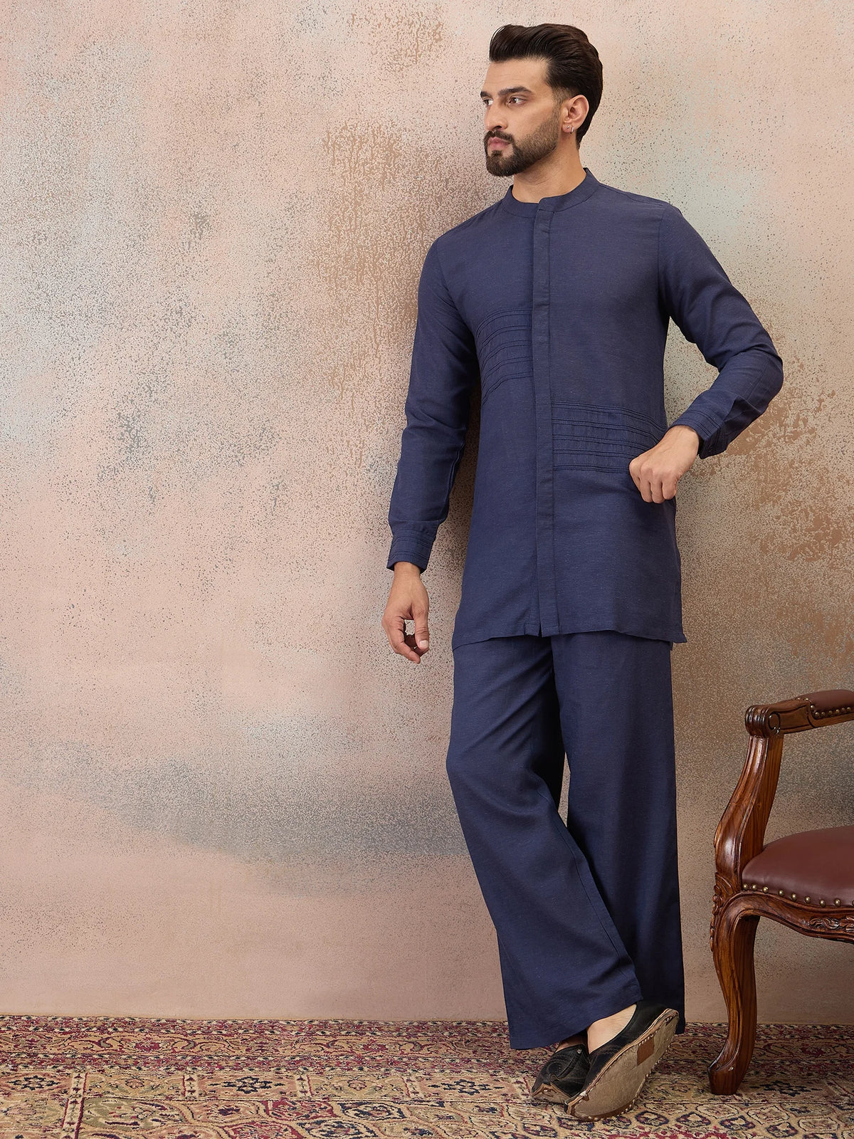 Navy Blue Cotton Linen Kurta Co-Ord Set