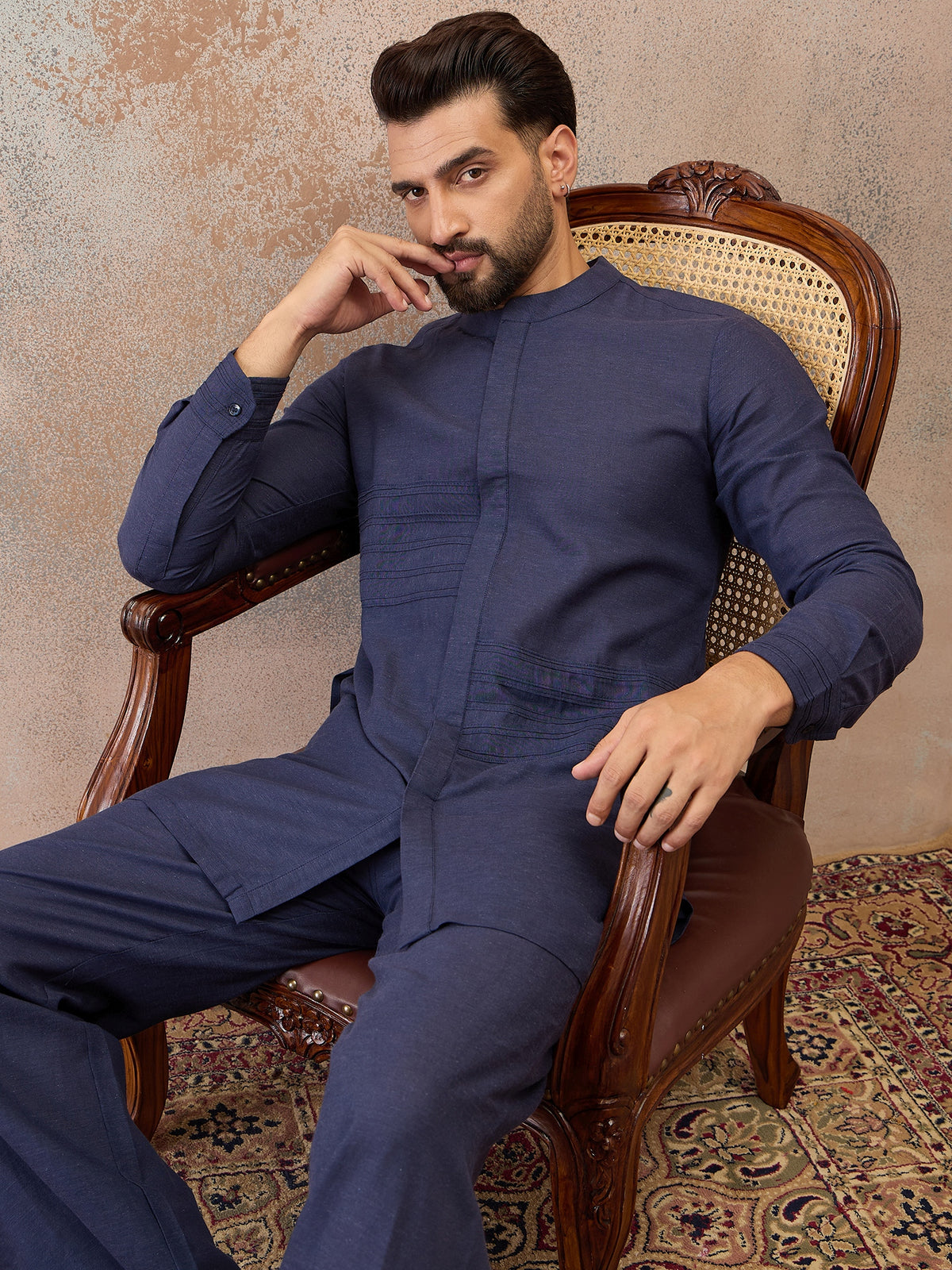 Navy Blue Cotton Linen Kurta Co-Ord Set