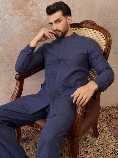 Navy Blue Cotton Linen Kurta Co-Ord Set