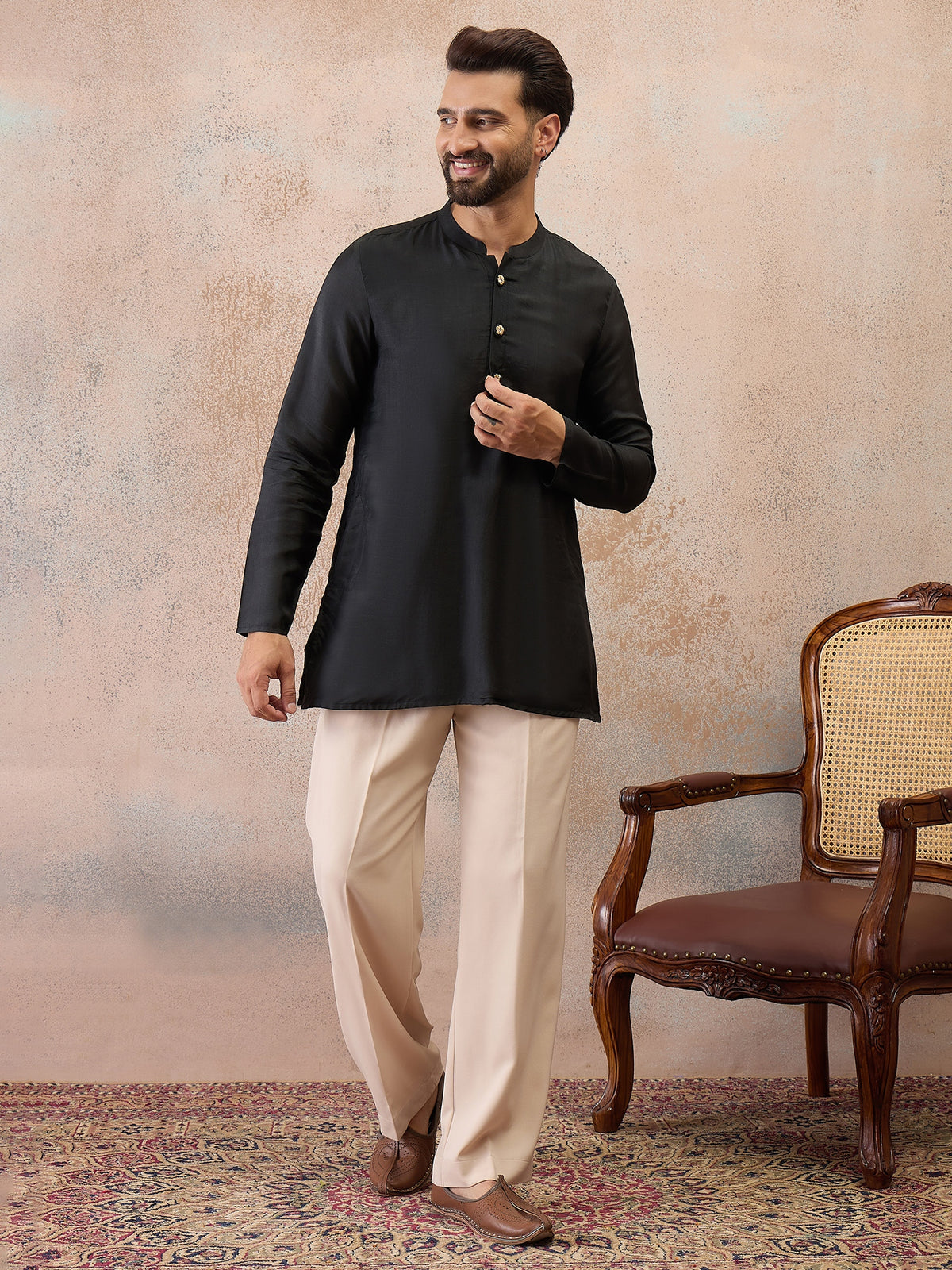 Noir Black Embroidered Kurta Set with Embroidered Dupatta & Korean Pants