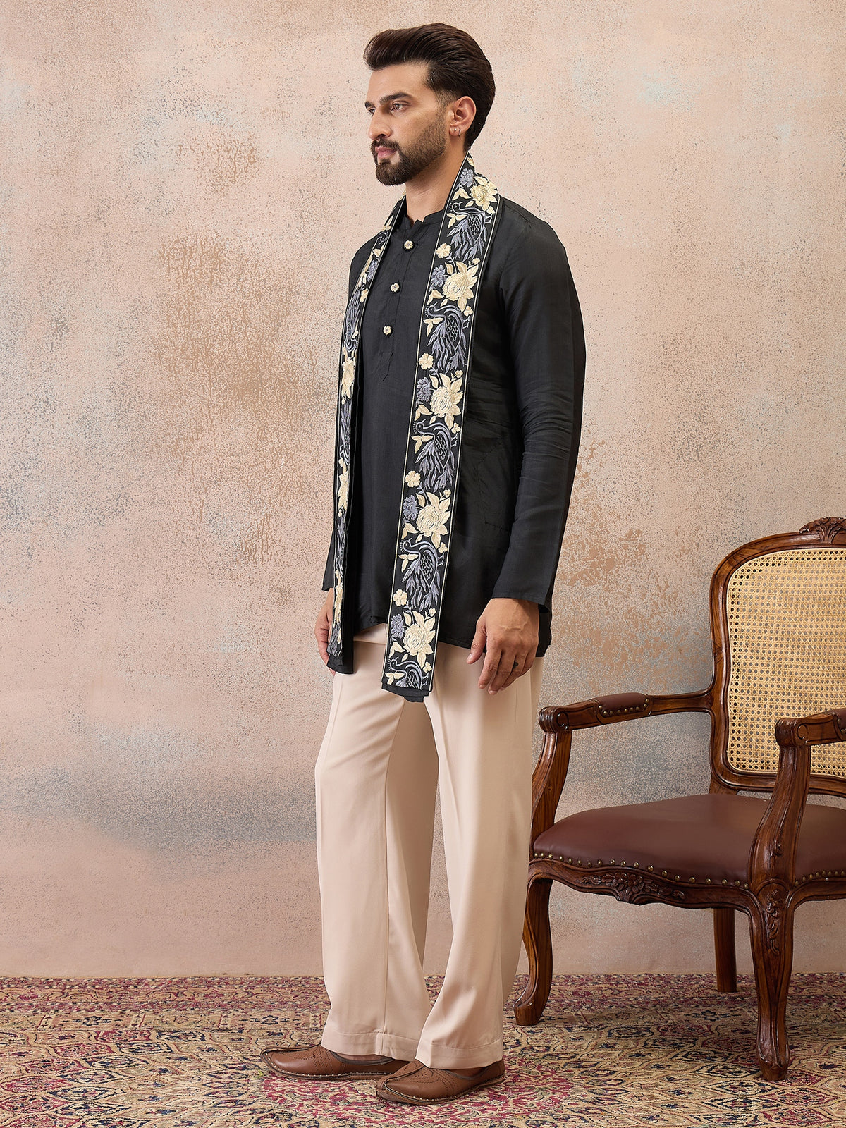 Noir Black Embroidered Kurta Set with Embroidered Dupatta & Korean Pants