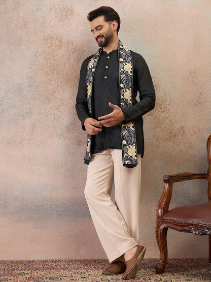 Noir Black Embroidered Kurta Set with Embroidered Dupatta & Korean Pants
