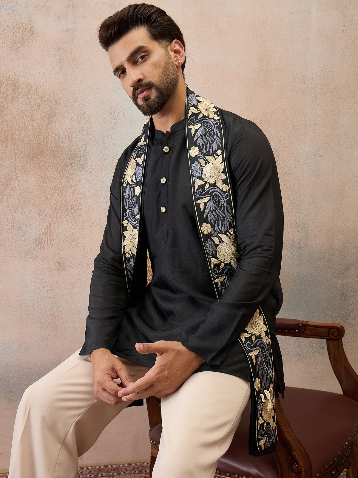 Noir Black Embroidered Kurta Set with Embroidered Dupatta & Korean Pants