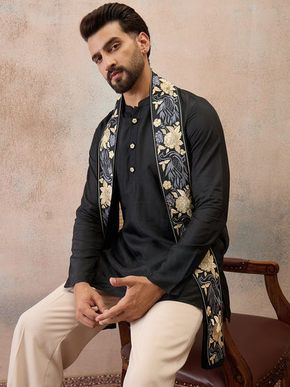 Noir Black Embroidered Kurta Set with Embroidered Dupatta & Korean Pants