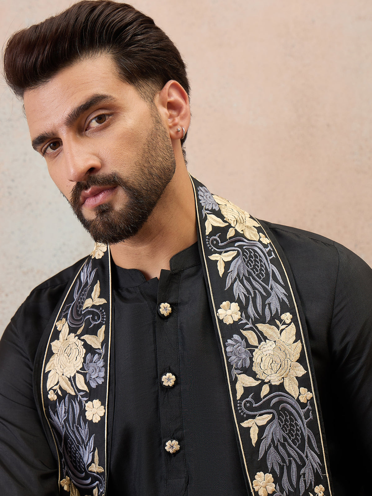 Noir Black Embroidered Kurta Set with Embroidered Dupatta & Korean Pants