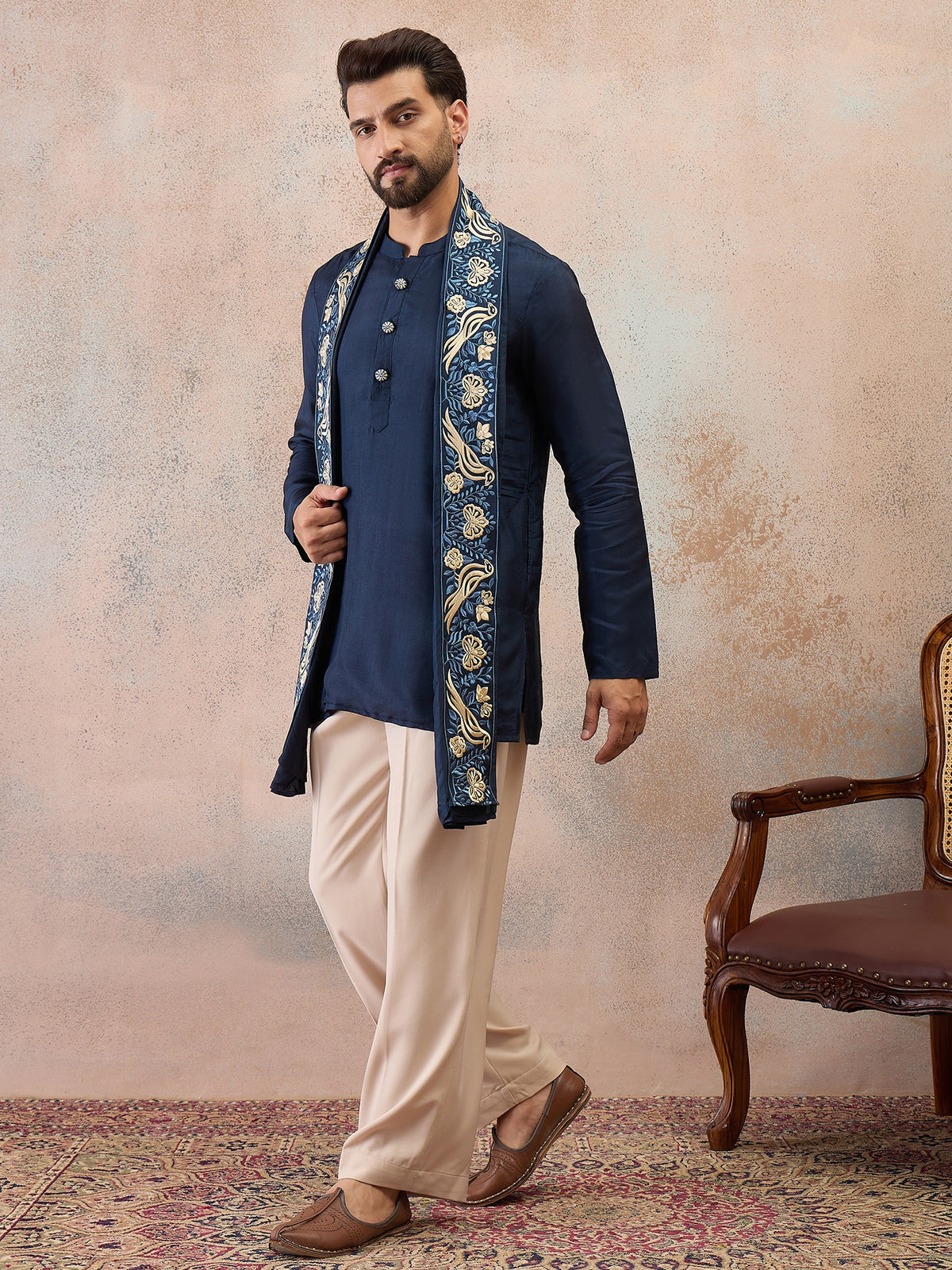 Navy Blue Embroidered Kurta Set with Embroidered Dupatta & Korean Pants
