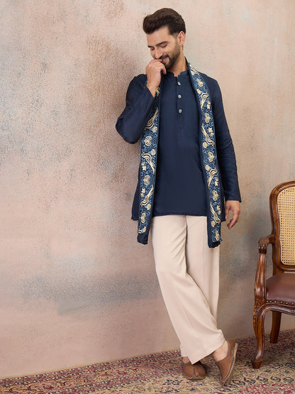Navy Blue Embroidered Kurta Set with Embroidered Dupatta & Korean Pants