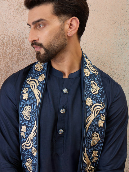 Navy Blue Embroidered Kurta Set with Embroidered Dupatta & Korean Pants