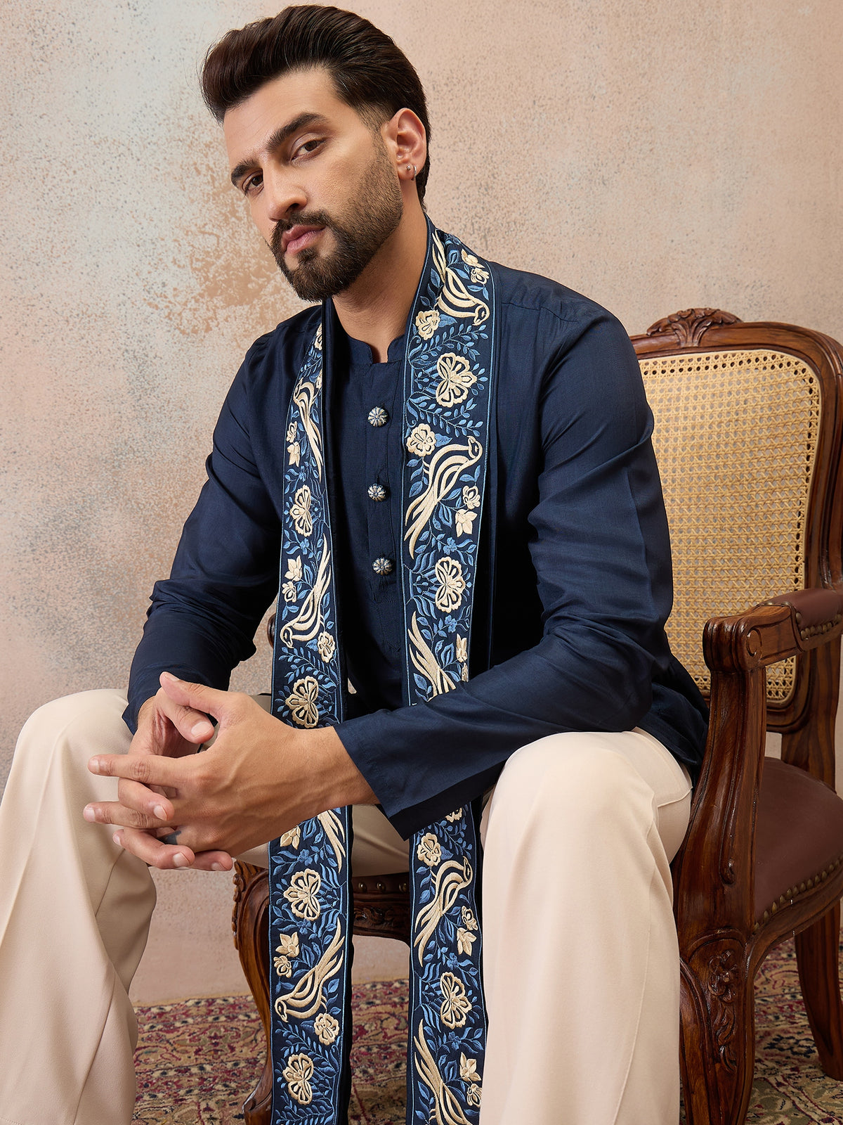 Navy Blue Embroidered Kurta Set with Embroidered Dupatta & Korean Pants