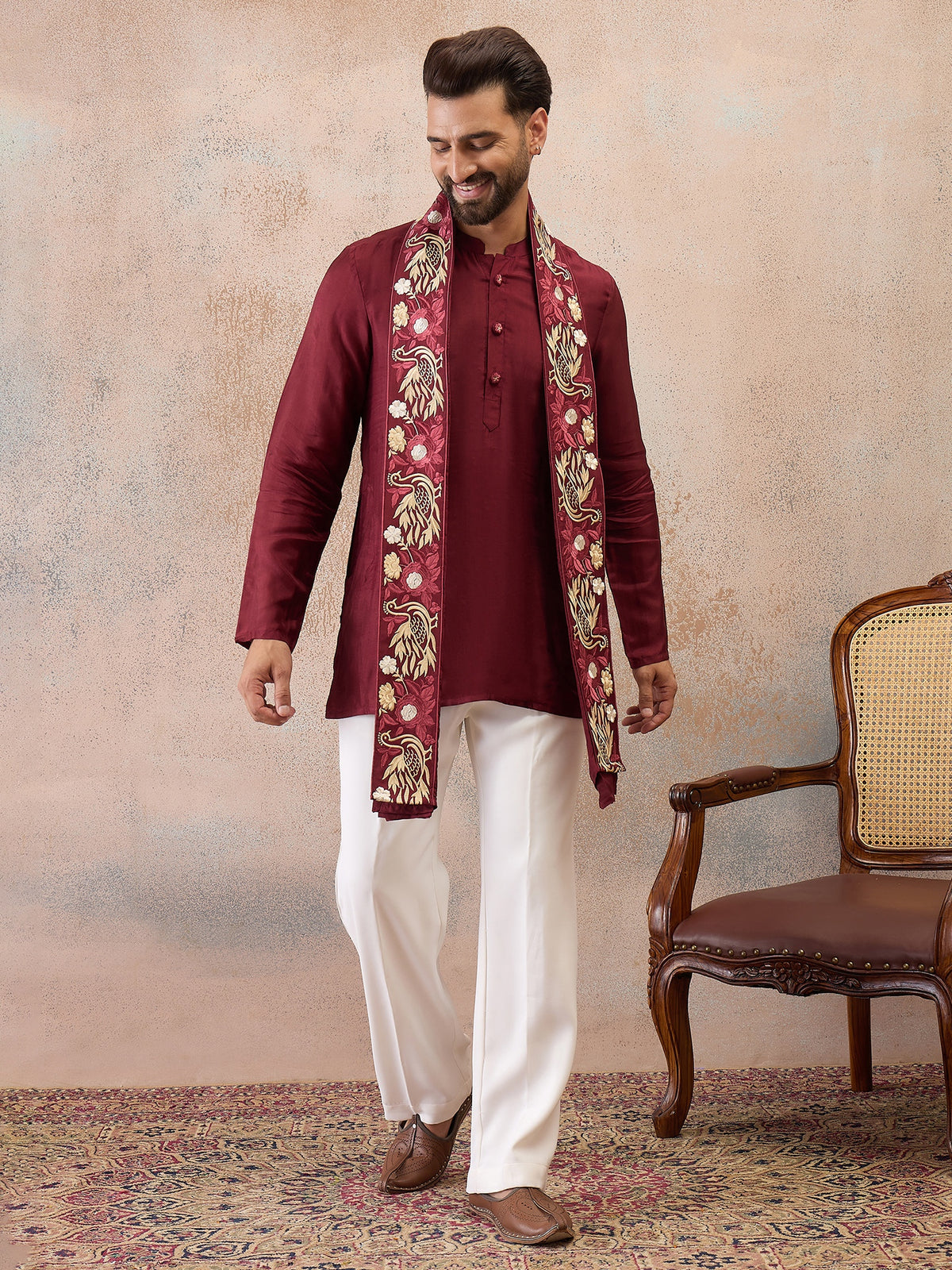 Maroon Embroidered Kurta Set with Embroidered Dupatta & Korean Pants