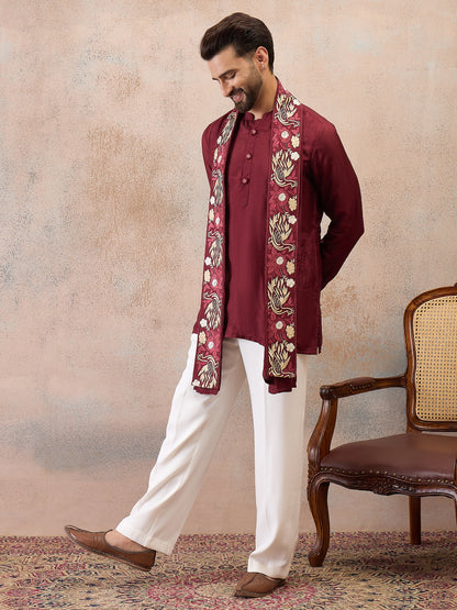 Maroon Embroidered Kurta Set with Embroidered Dupatta & Korean Pants