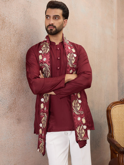 Maroon Embroidered Kurta Set with Embroidered Dupatta & Korean Pants