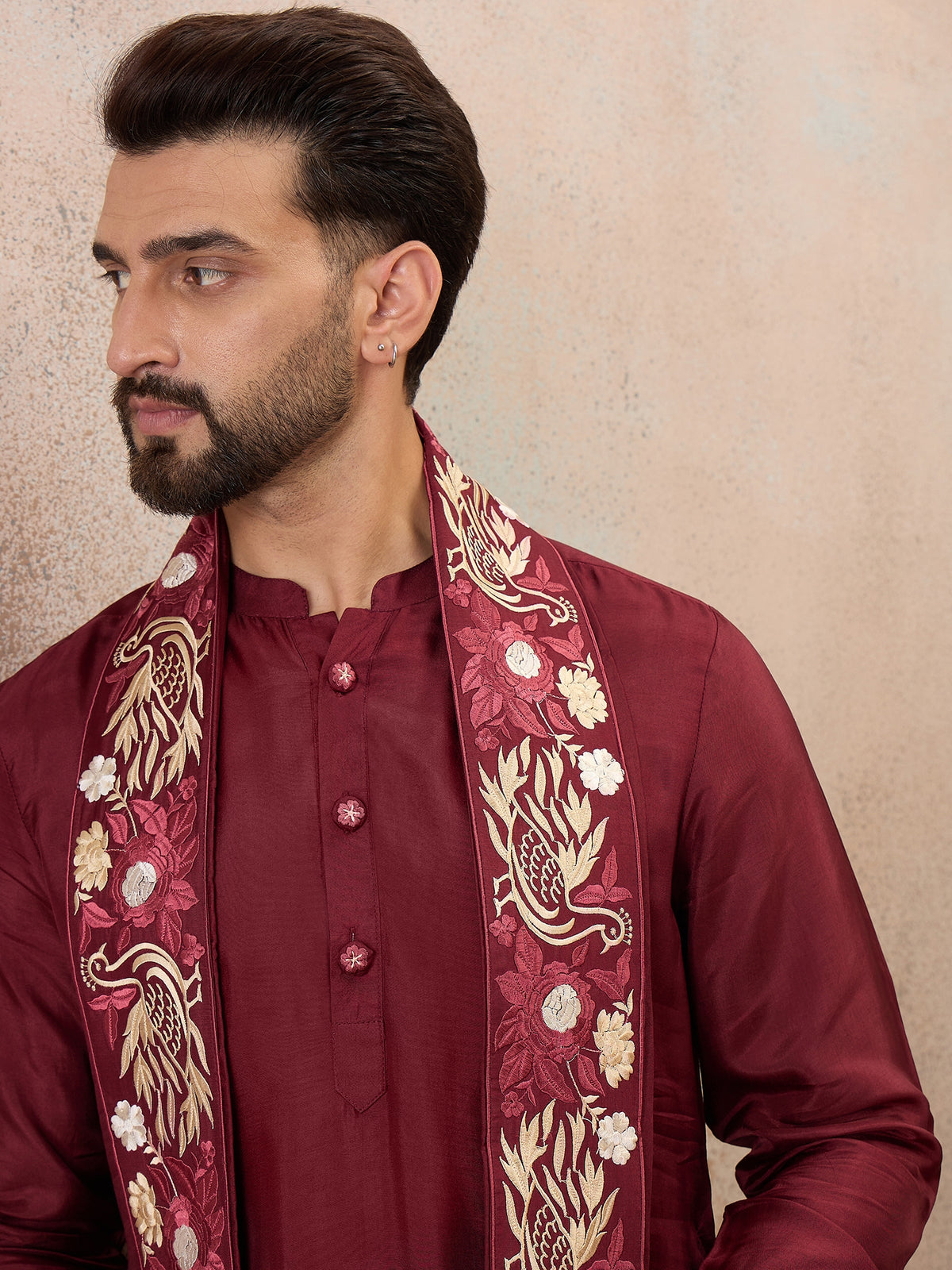 Maroon Embroidered Kurta Set with Embroidered Dupatta & Korean Pants