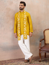 Mustard Yellow Embroidered Kurta Set with Embroidered Dupatta & Korean Pants
