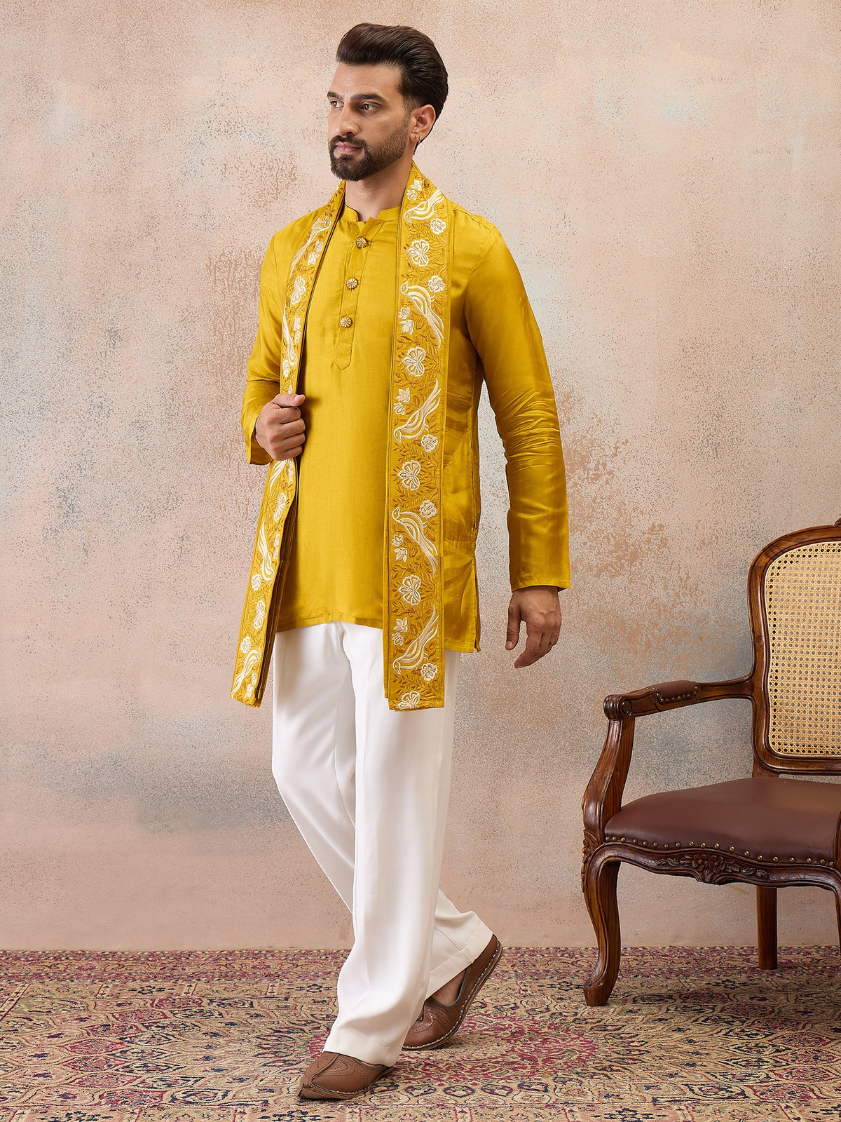 Mustard Yellow Embroidered Kurta Set with Embroidered Dupatta & Korean Pants