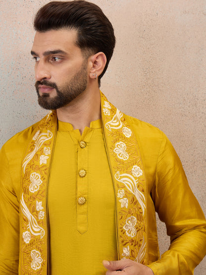 Mustard Yellow Embroidered Kurta Set with Embroidered Dupatta & Korean Pants