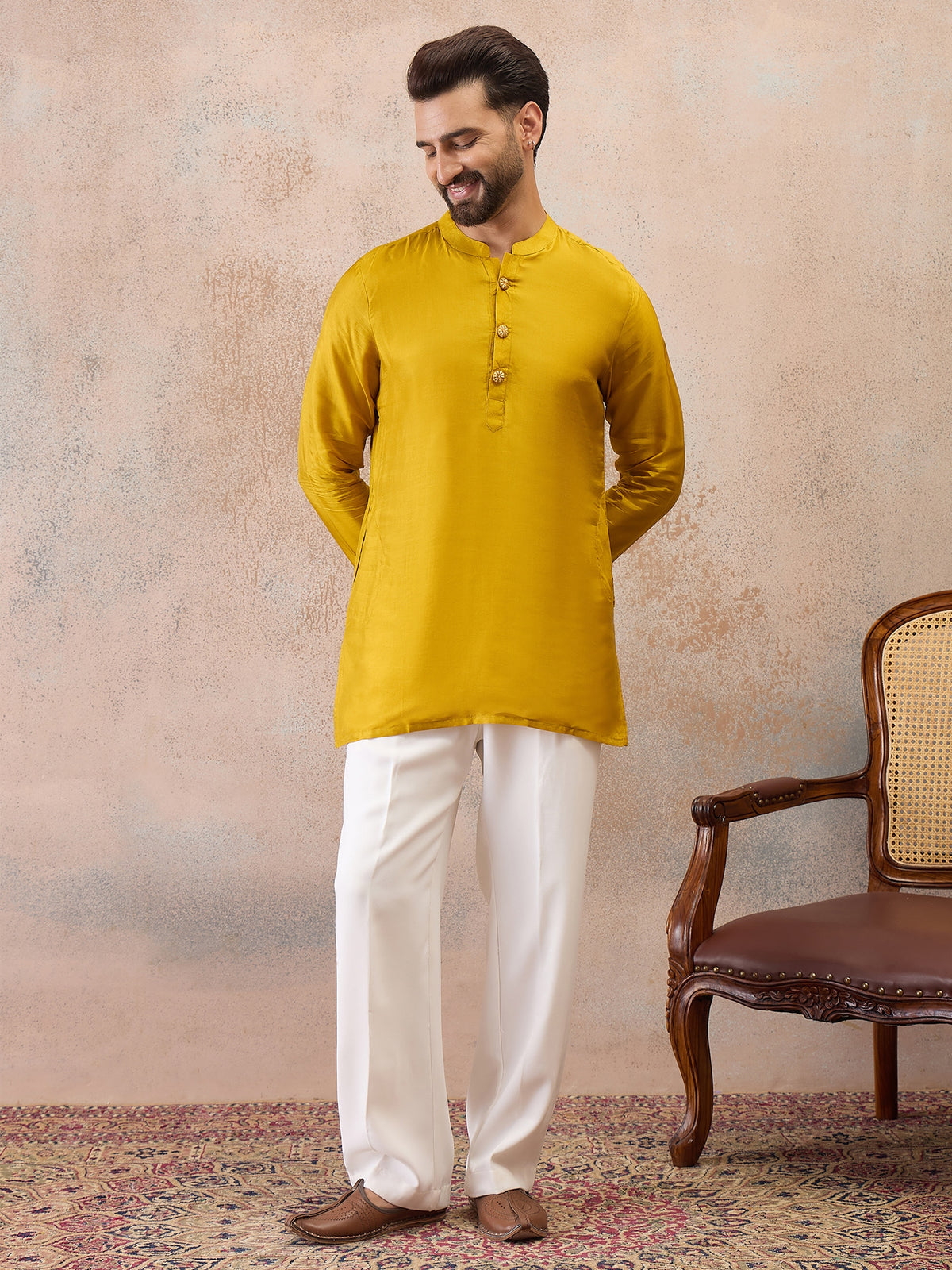 Mustard Yellow Embroidered Kurta Set with Embroidered Dupatta & Korean Pants