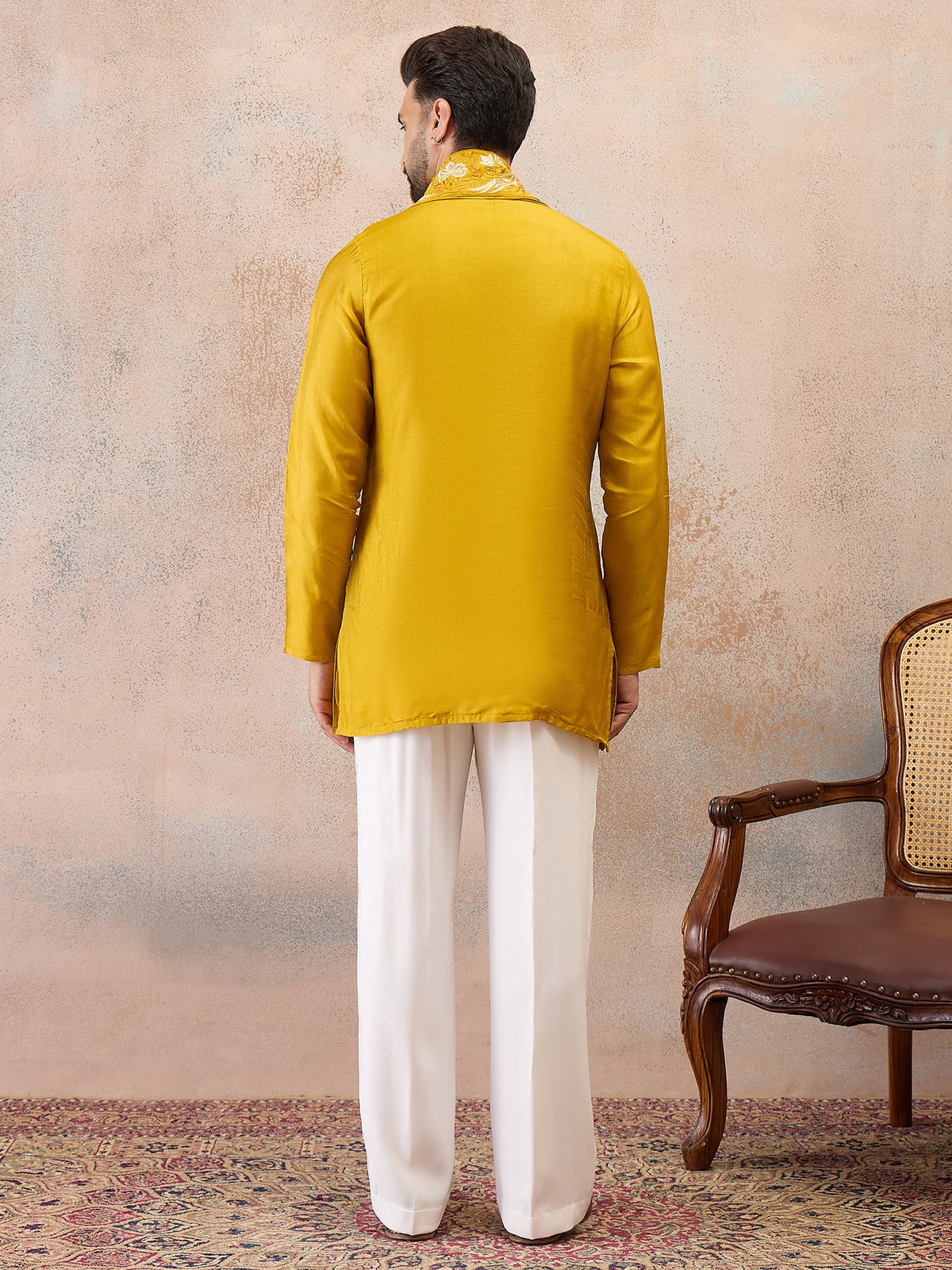 Mustard Yellow Embroidered Kurta Set with Embroidered Dupatta & Korean Pants