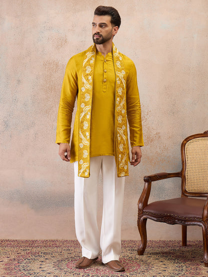 Mustard Yellow Embroidered Kurta Set with Embroidered Dupatta & Korean Pants