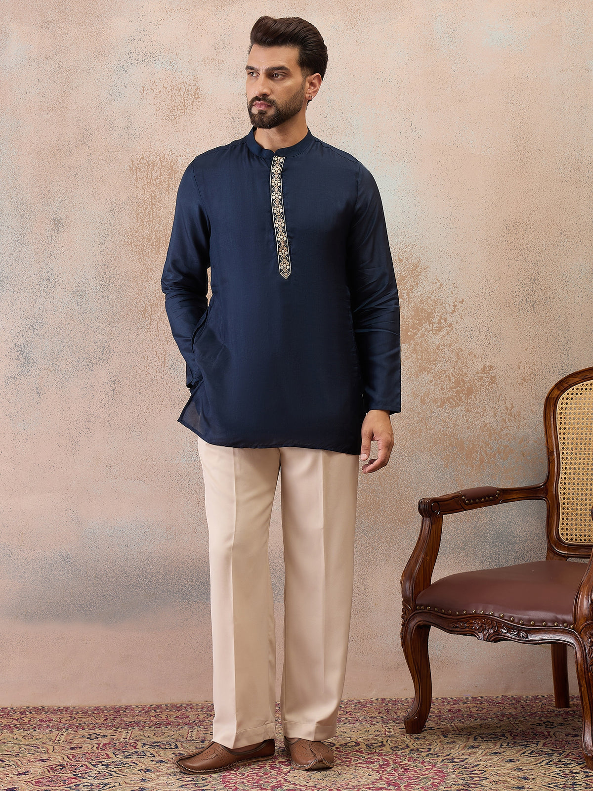 Navy Blue Embroidered Kurta Set with Embroidered Dupatta & Korean Pants
