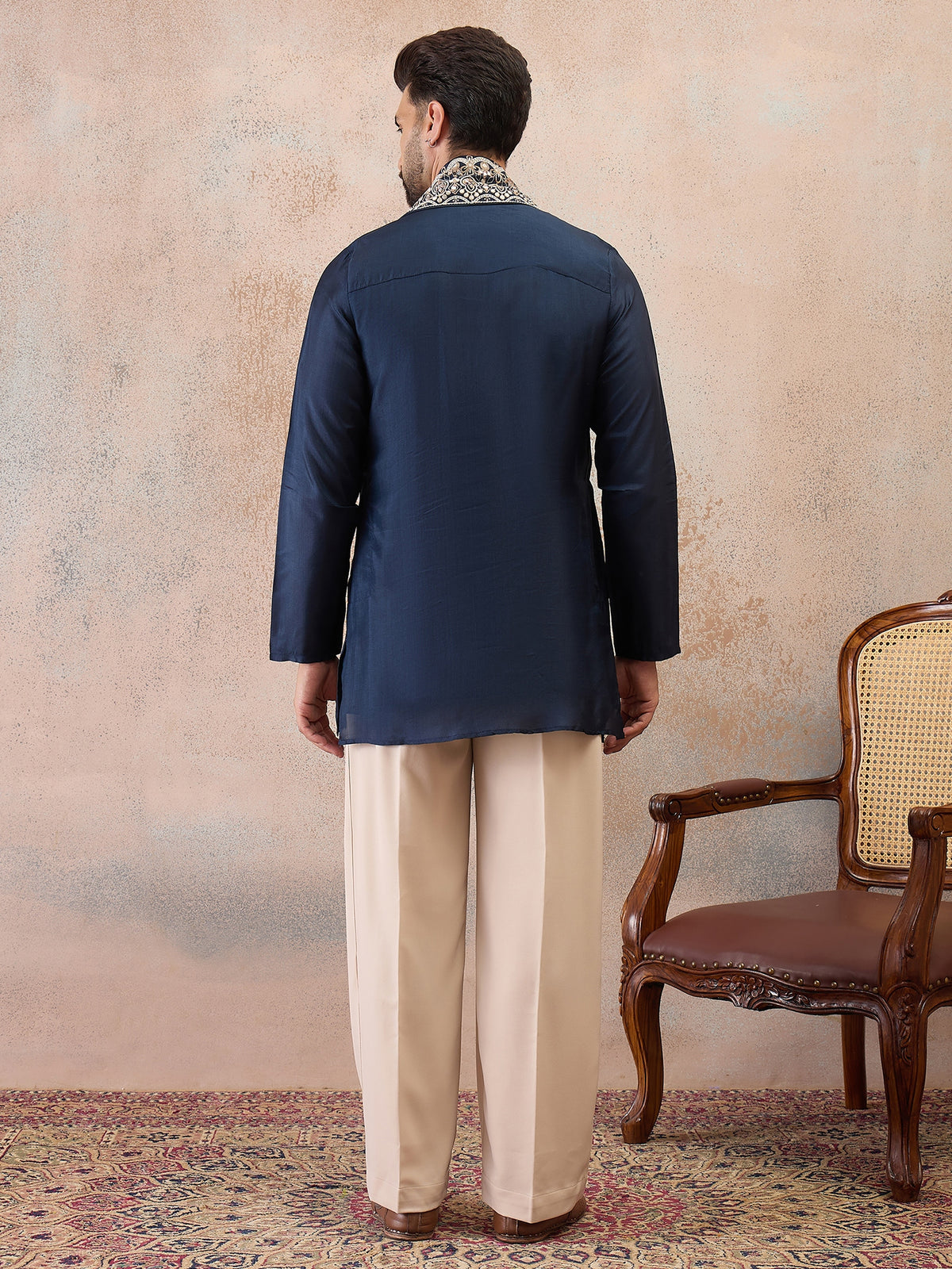 Navy Blue Embroidered Kurta Set with Embroidered Dupatta & Korean Pants