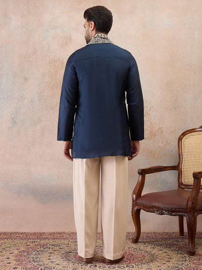 Navy Blue Embroidered Kurta Set with Embroidered Dupatta & Korean Pants