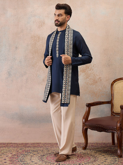 Navy Blue Embroidered Kurta Set with Embroidered Dupatta & Korean Pants