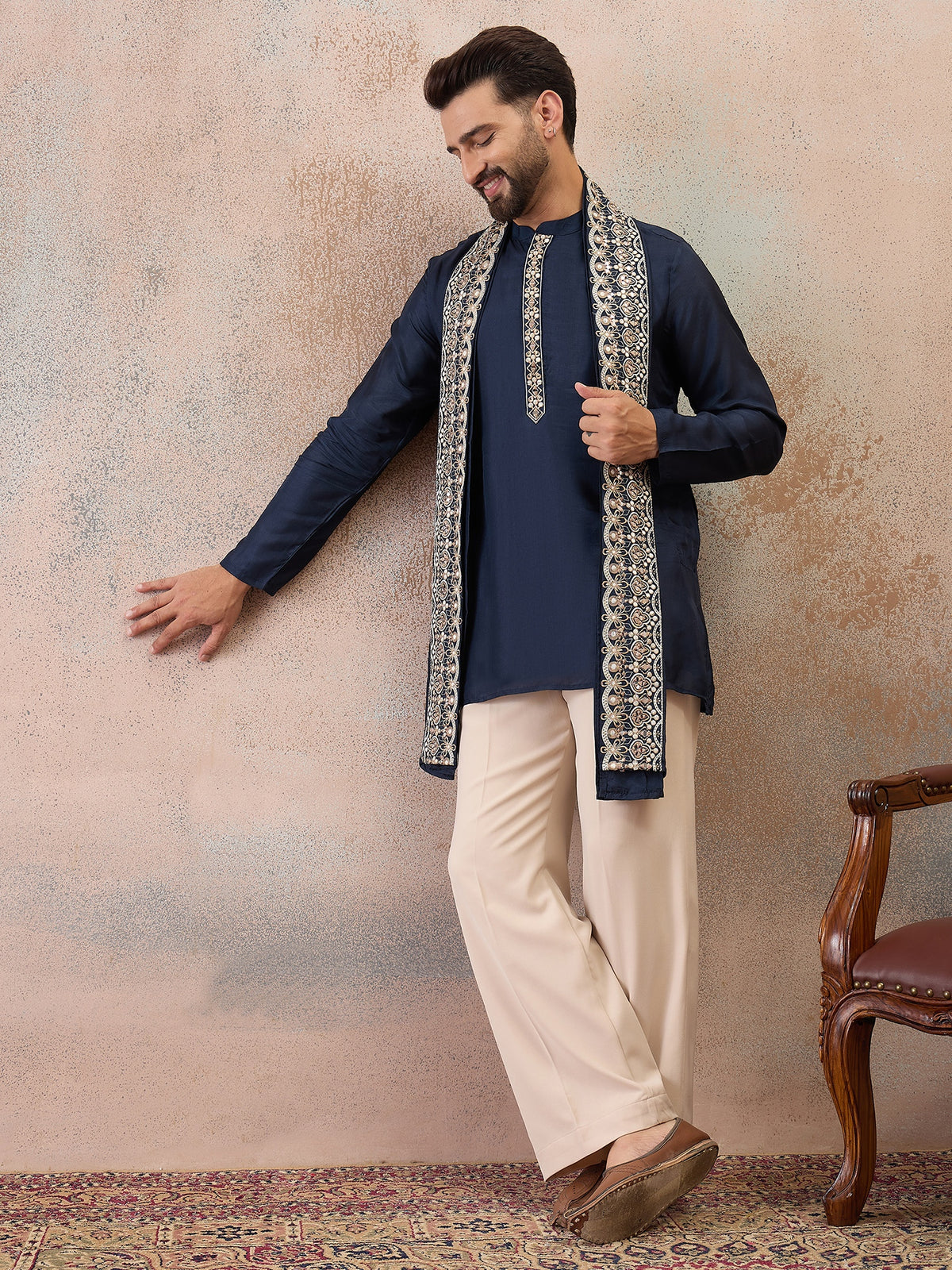 Navy Blue Embroidered Kurta Set with Embroidered Dupatta & Korean Pants