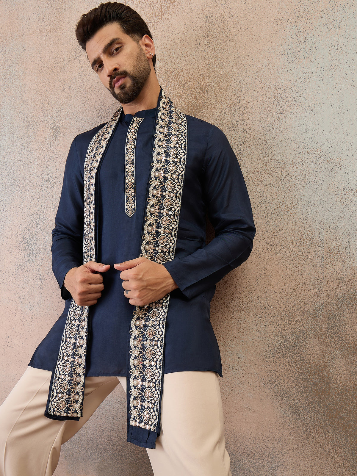 Navy Blue Embroidered Kurta Set with Embroidered Dupatta & Korean Pants