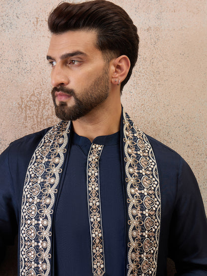 Navy Blue Embroidered Kurta Set with Embroidered Dupatta & Korean Pants